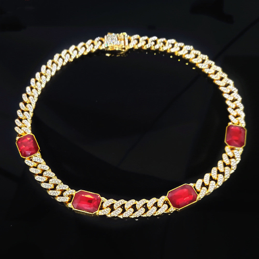 Four Hip Hop Gemstones With Cuban Necklace Men And Women Same Style Clavicle Chain
