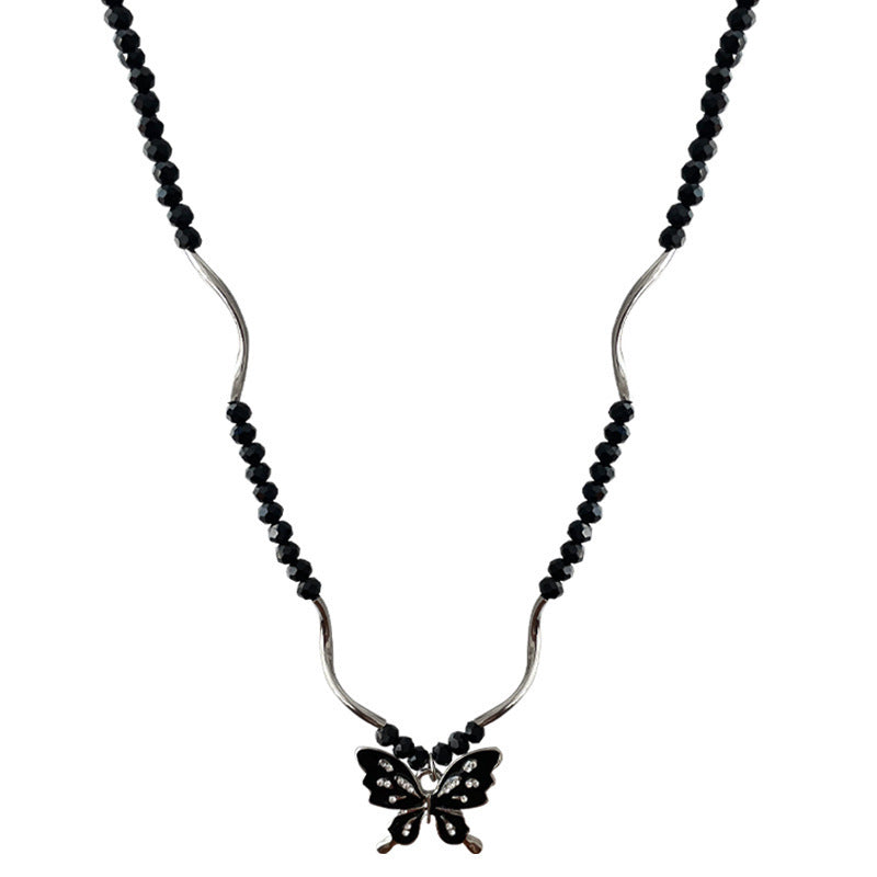 Black Beaded Butterfly Necklace