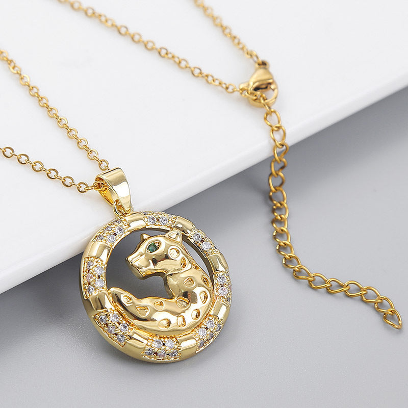 Long Copper Inlaid Zirconium Panther Head Necklace