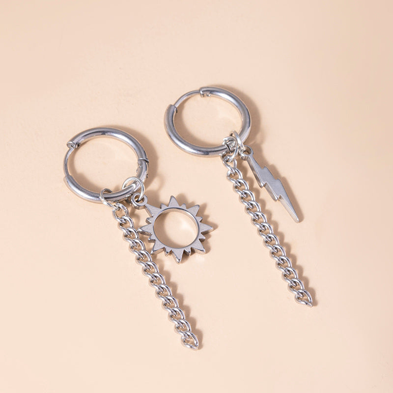 Hip Hop Stainless Steel Asymmetric Earrings Fashion Silver Sun Lightning Charm Metal Tassel Earrings For Women Men