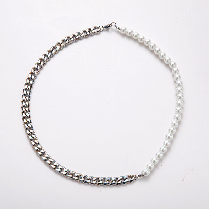 Stitching Stainless Steel Cuban Chain Pearl Necklace For Men
