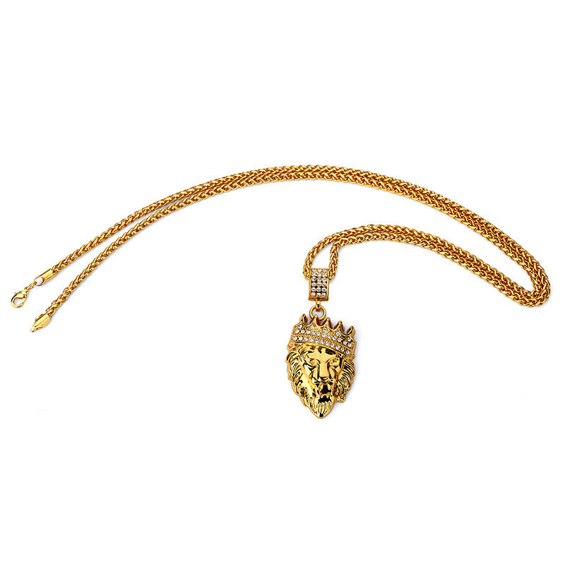 Hip Hop Animal Lion King Crown Pendant Necklace Man Steampunk Gold Color Alloy 75cm Chain Inlay Rhinestone Fashion Jewelry WE02
