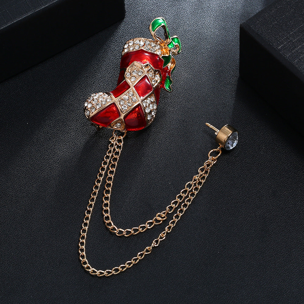 European And American Christmas Brooch Cartoon Christmas Boots With Diamond Double Layer
