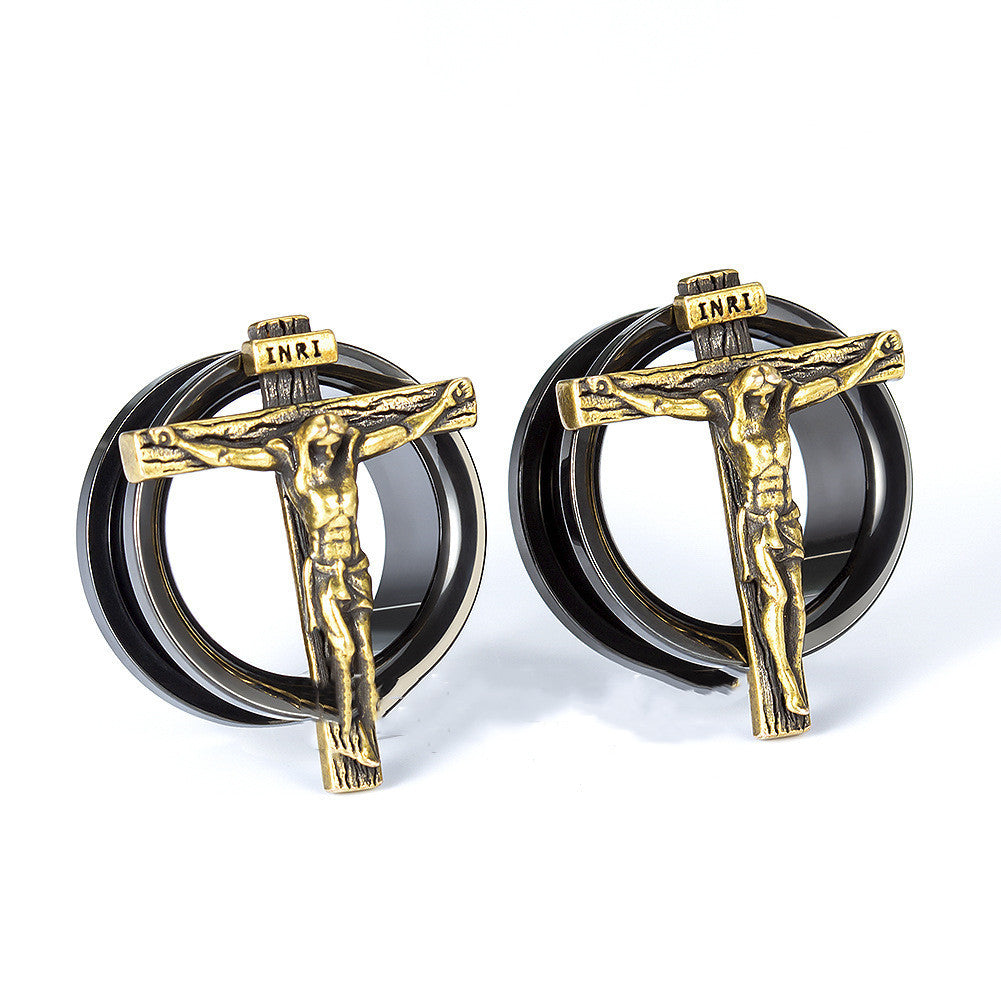 Vintage Old Gold Hollow Piercing Piercing Enlargement Earrings In Black