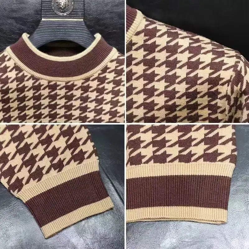 Autumn and Winter New Half High Collar Pullovers Casual Fashion Handsome Vintage Thousand All-match Harajuku GridSweaters