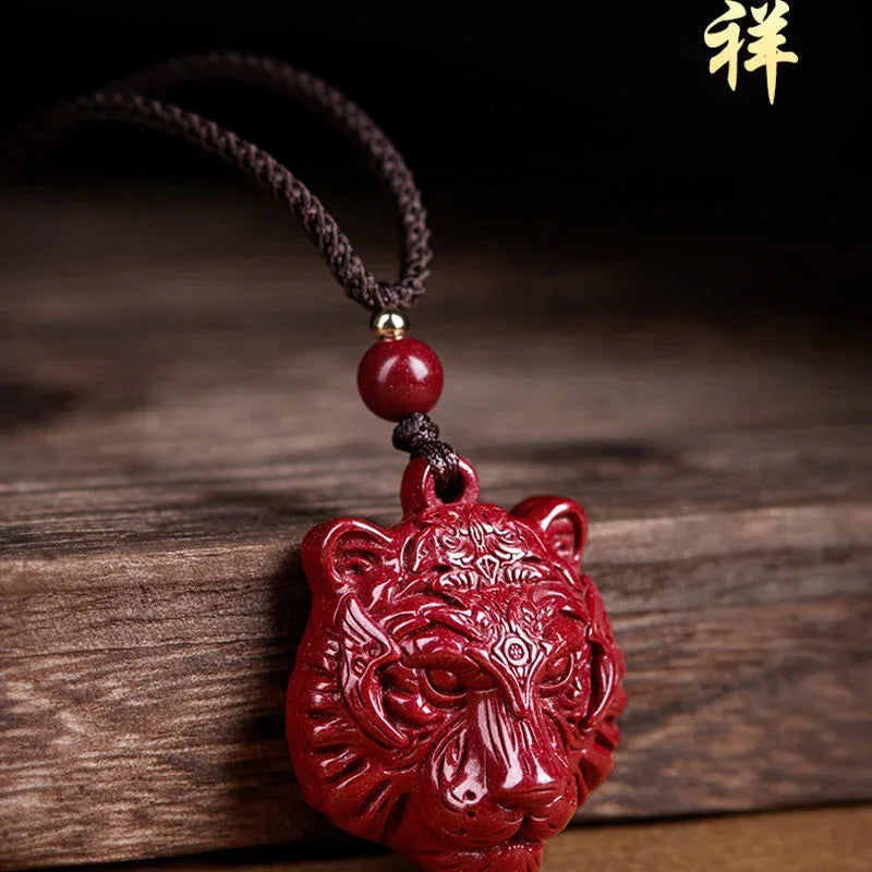 Fashion Cinnabar Jade Tiger Head Pendant Necklace Jewellery Chinese Hand-Carved Healing Women Man Luck Gift Sweater Chain