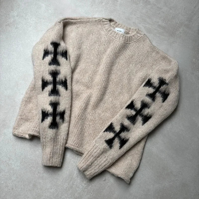 Y2K Harajuku couple sweater 2024 American street retro personalized cross wool sweater men's pullover simple and fashionable top