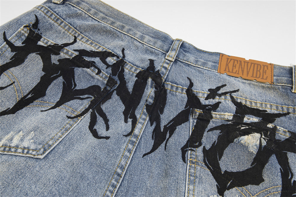 Punk Make Old Ripped Letter Denim Trousers Men