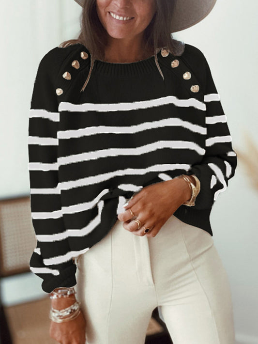 Striped Sweater Pullover Shoulder Button Sweater Women
