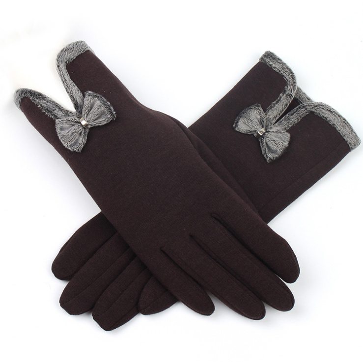 Female Autumn Winter Non-Inverted Velvet Cashmere Full Finger Warm Lace Gloves Women Cotton Touch Screen Bow Tie