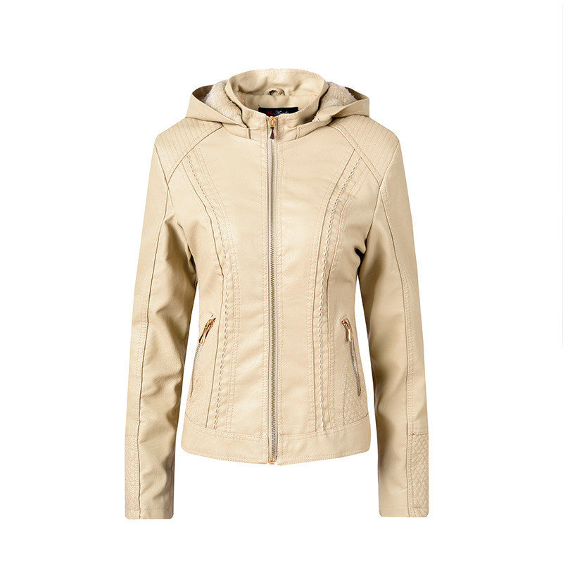 Women's Chest Pocket Hooded Zipper Women Leather Jacket