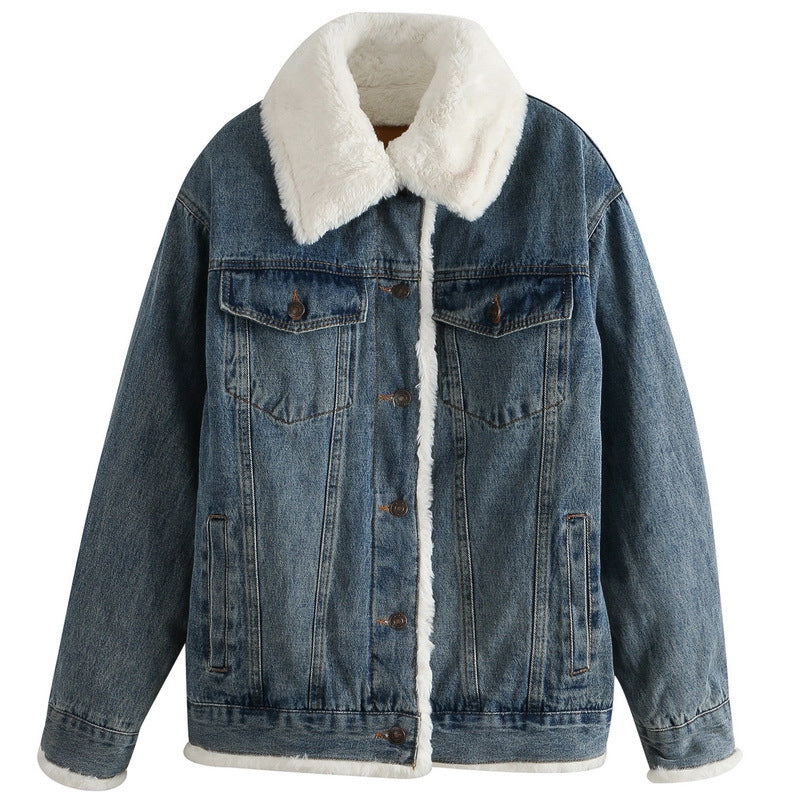 Chaqueta vaquera de lana de cordero gruesa de felpa para mujer, corta