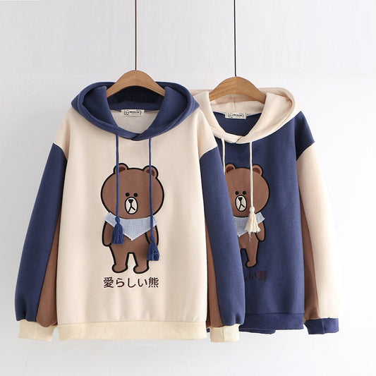 Merry Pretty Women Harajuku Cartoon Bear Embroidery Hooded Sweat Winter Plus Velvet Cute Sweat Tracksuit