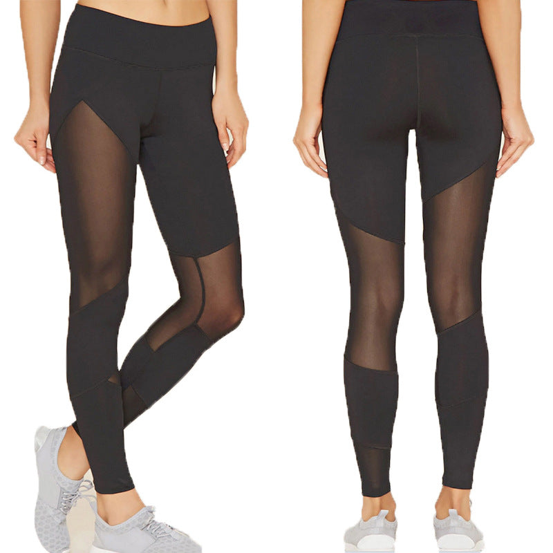 Negro nueva malla de moda mallas empalmadas deportes mujeres piernas largas pantalones elásticos Fitness Yoga pantalones mujeres