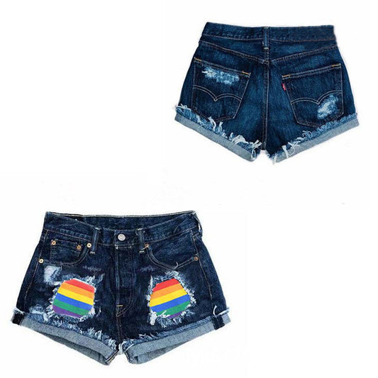 Fashion Rainbow Patchwork Denim Shorts Jeans Short Pants Denim Women