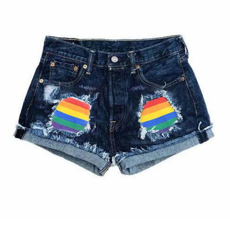 Fashion Rainbow Patchwork Denim Shorts Jeans Short Pants Denim Women