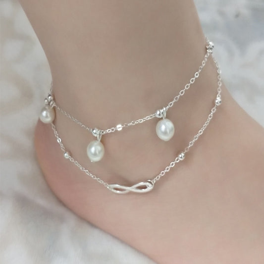Double Layer Pearl Anklet Women Handmade Beaded Double Chain Anklet