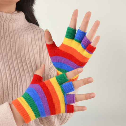 AdultRainbow Striped Gloves Fingerless Half Finger Gloves