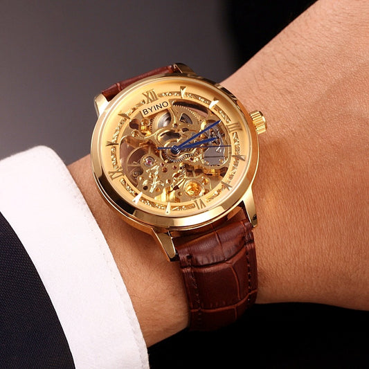 Authentic Mens Casual Leather Hollowing Automatic Mechanical Watches Through The End Of The Golden Youth Men's Waterproof