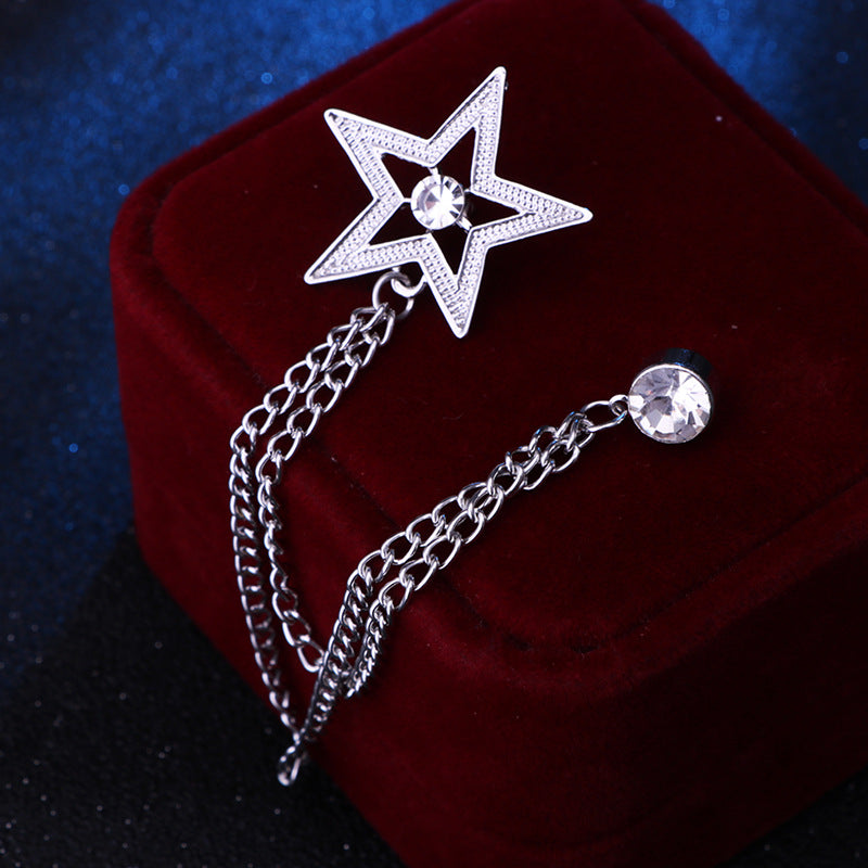 Fashion Tassel Chain Pentagram Rhinestone Brooch For Men and Women