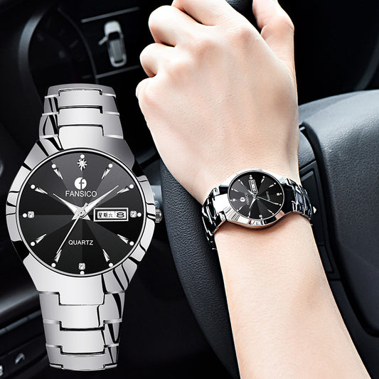 Fansico Fan Poem New Tungsten Mens Watch Dual Calendar Table 1192 Non Mechanical Watches