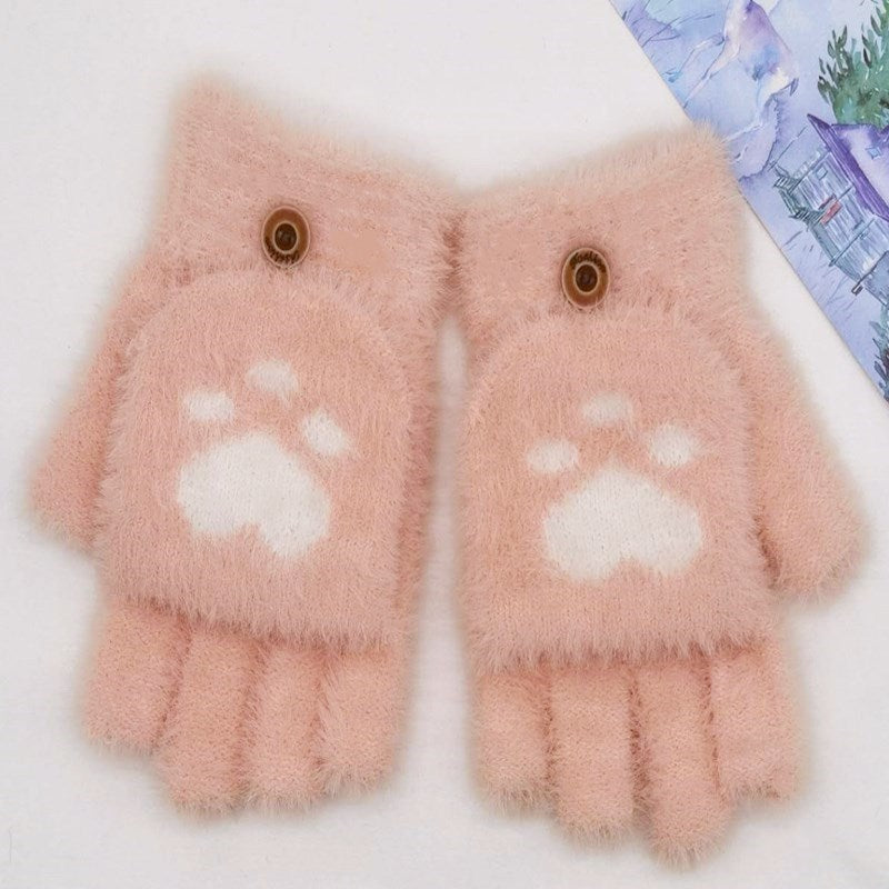 Gloves Women's Warm Cute Half Finger Gloves Imitation Mink Cat Claw Flip Yarn Fingerless