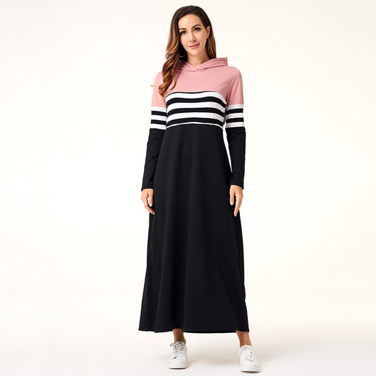 Women Hooded Dresses Long Sleeve Striped Patchwork Casual