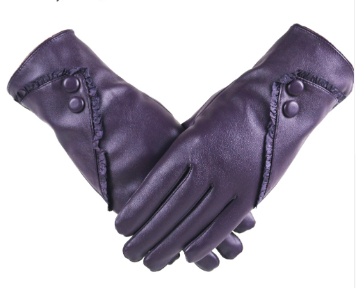 women PU gloves with lace and button