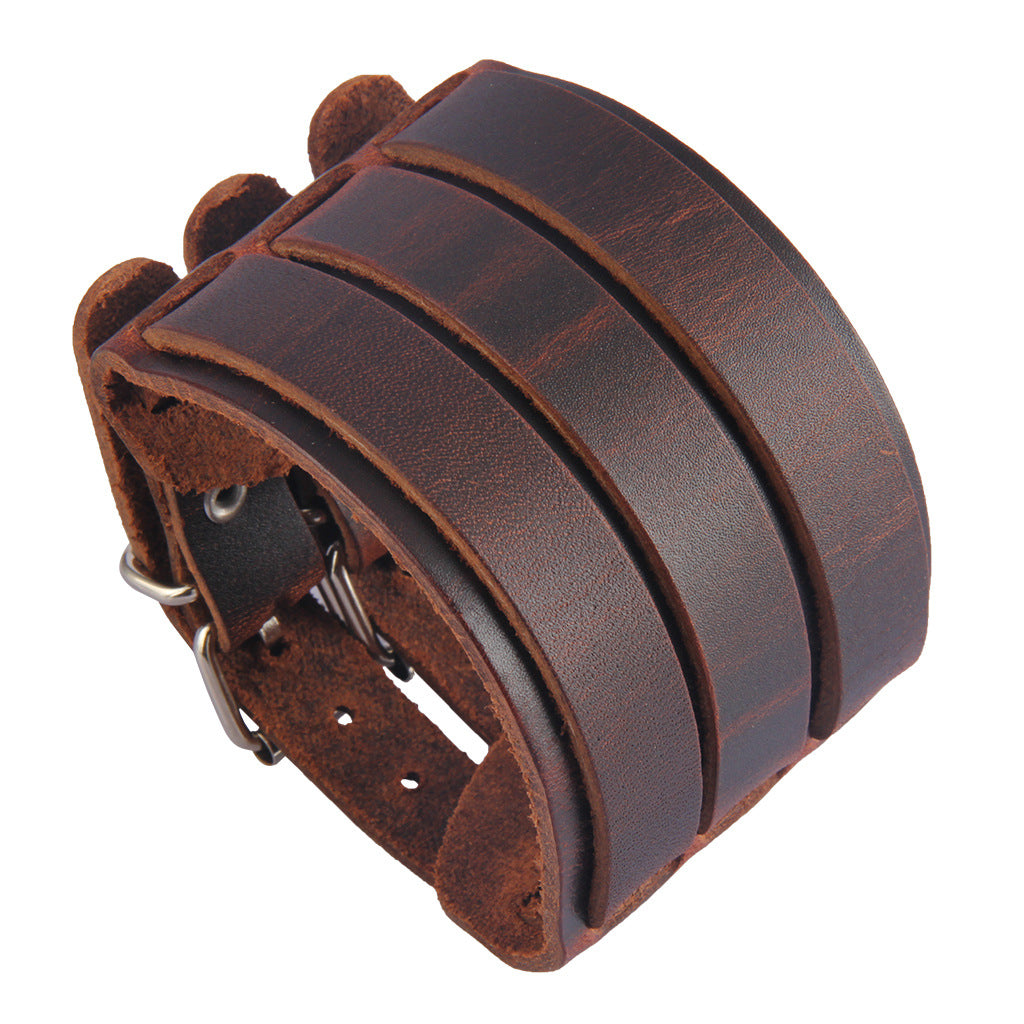 Retro Simple Three-buckle Alloy Leather Bracelet Men