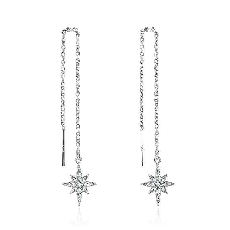 Sterling Silver Star Threader Long Chains Dangle Drop Earrings for Women Teens