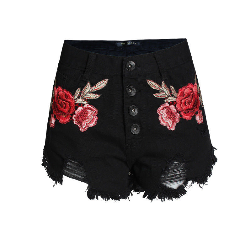 Embroidered loose beard jeans women's shorts
