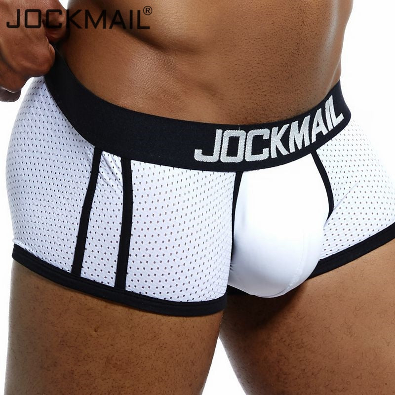 JOCKMAIL marca Boxer hombres de malla transpirable Boxers de hombre calzoncillos masculinos Sexy bolsa para pene para gais bañadores para hombre pantalón