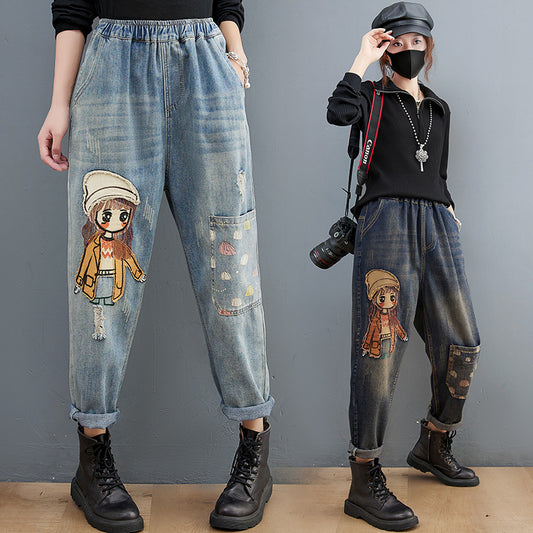Cartoon Stickers Embroidered Jeans For Women