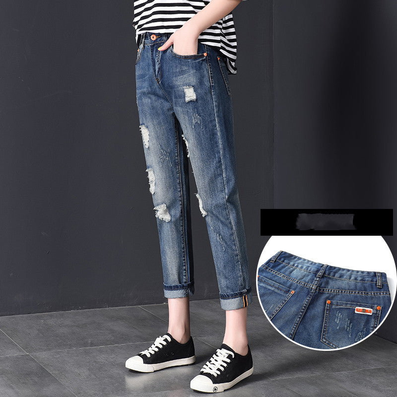 High Waist Nine-point Harem Daddy Women Pants Ripped Jeans Women