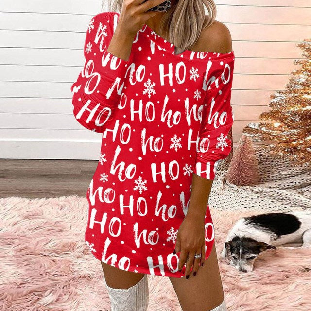 Red Women Casual Merry Christmas Dresses Off-shoulder Dress