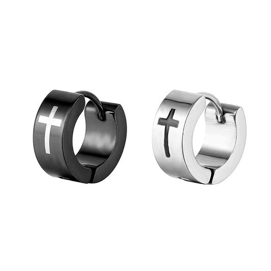 Black Silver Stainless Steel Cross Stud Earrings For Men