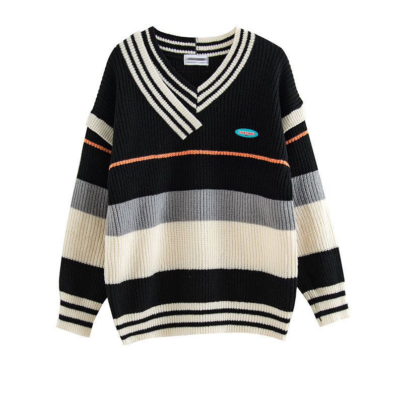 Asymmetric Contrast Color V-neck Sweater For Men And Women