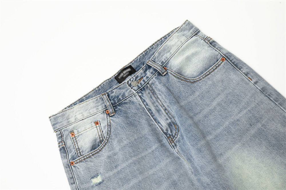 Distressed Wash Wide-leg Jeans Retro