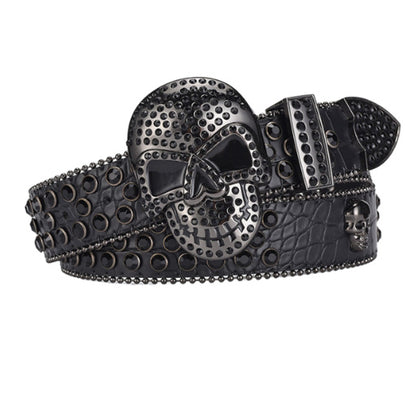 Rhinestone Inset Needle Buckle Skull Belt