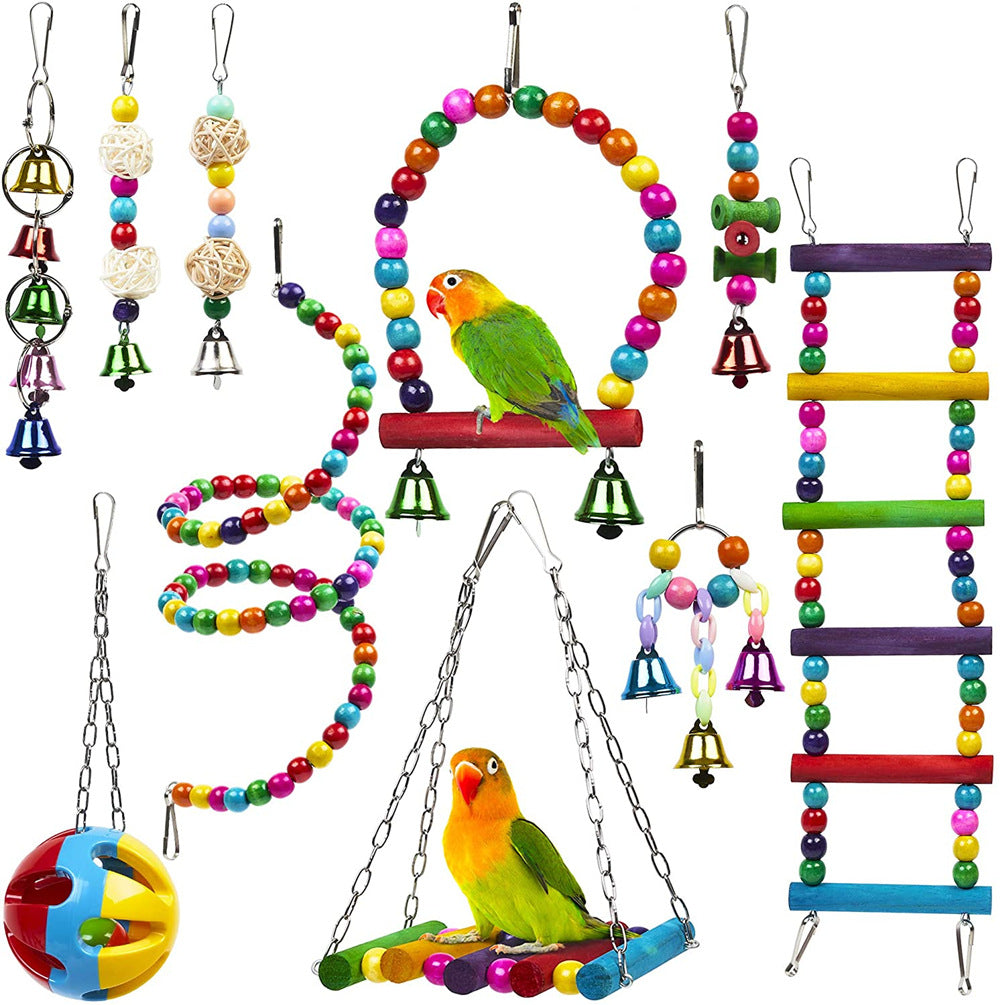 Parrot Combination Toy 10-Piece Set Wooden Bead Rotating Ladder Swing Stand Wooden Ladder Sepak Takraw Chewing Toy