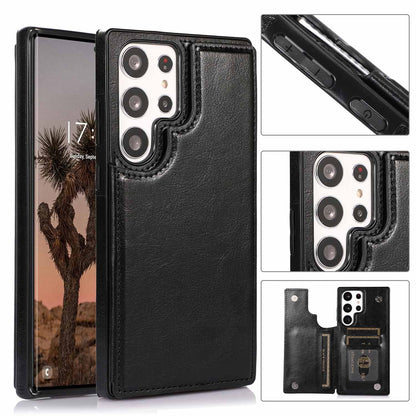 Solid Color Double Buckle Crazy Horse Pattern Leather Phone Case