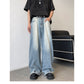 Retro Reverse Pocket Flip-down Jeans Men's Washed Wide-leg Pants