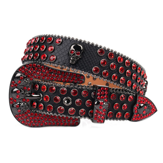 Rhinestone Inset Needle Buckle Skull Belt