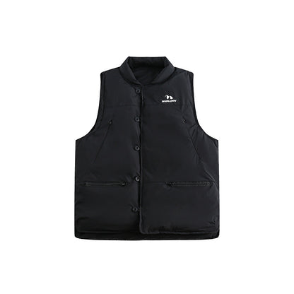 Solid Color Printing Sleeveless Top Zipper Multi-pocket Stand Collar Cotton Vest Men