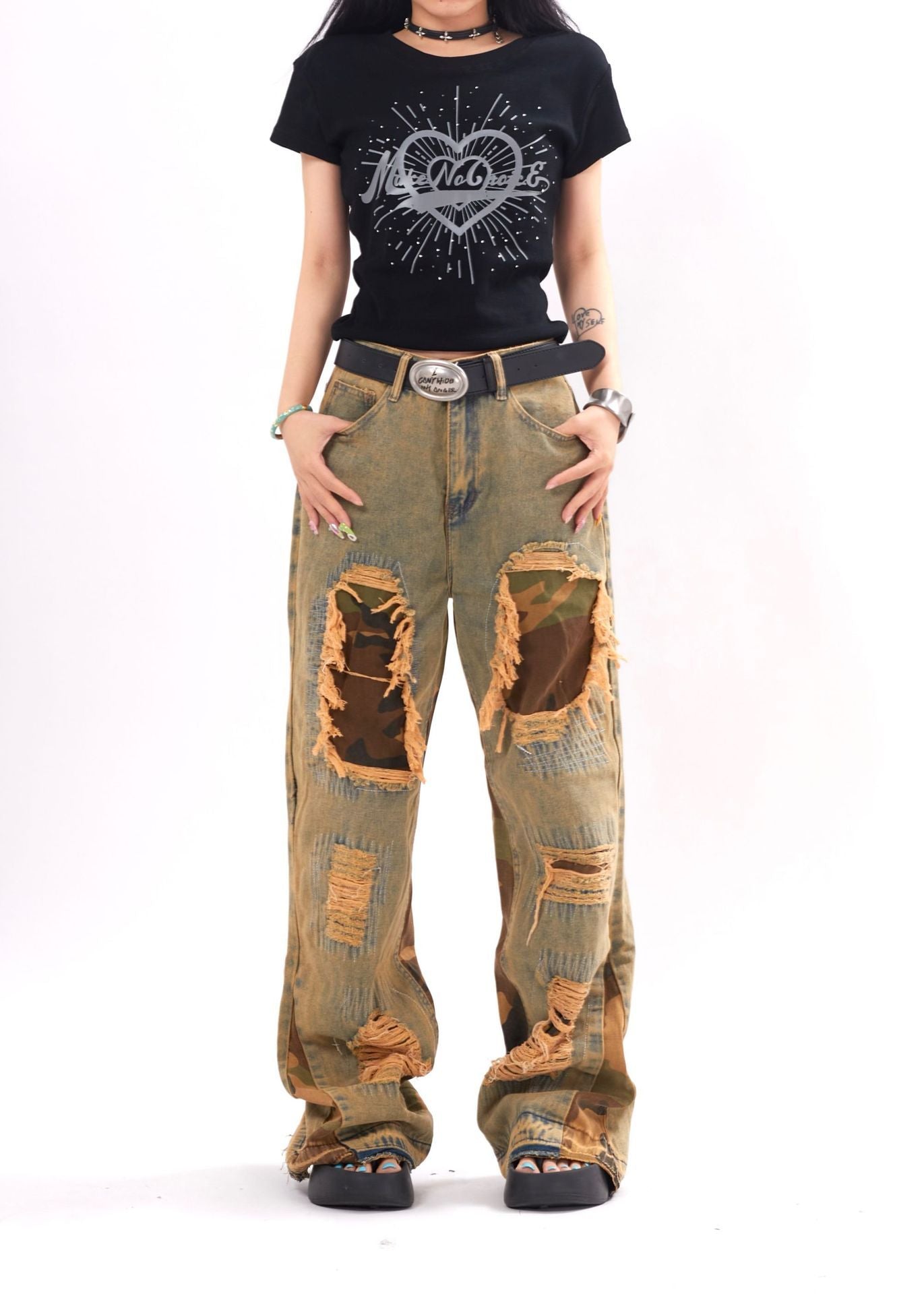 Camouflage Stitching Distressed Raw Hem Jeans Men