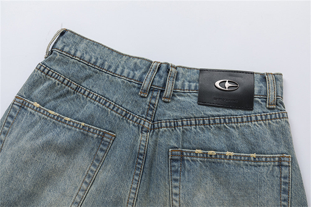 Washed And Worn Worn Denim Trousers Men's Pleated