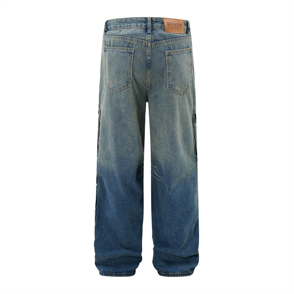 Gradient Tie-dye Denim Cargo Pants Trousers Men's Clothing