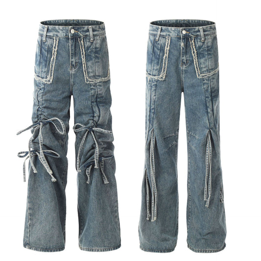 Drawstring Ruffle Design Sense Denim Trousers Men