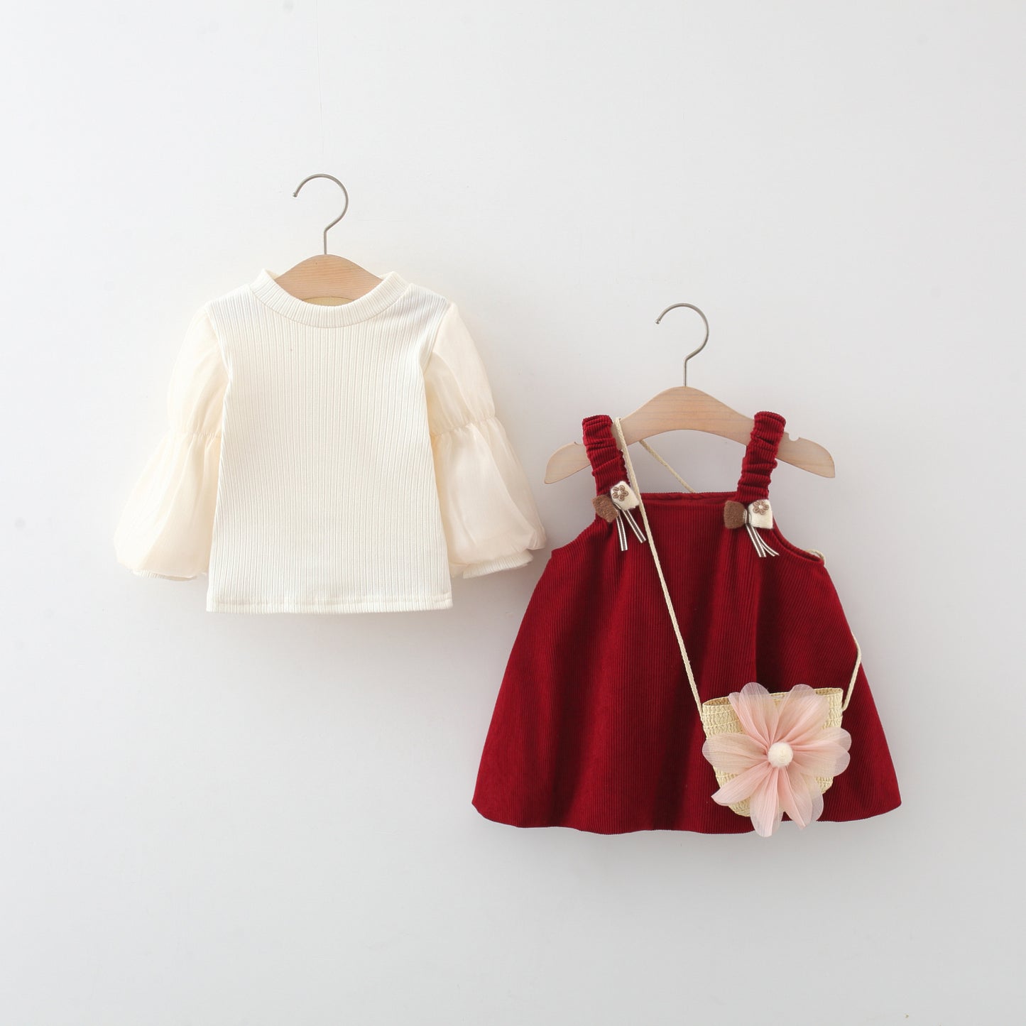 Girls Long Sleeve Bowknot Corduroy Suspender Outfit