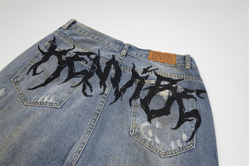 Punk Make Old Ripped Letter Denim Trousers Men